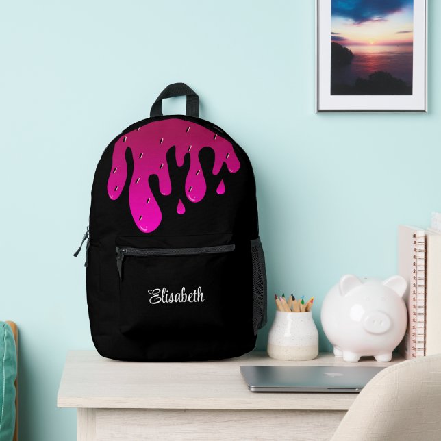 Glitter Strawberry Dripping Slime Cute Kids Design Printed Backpack (Glitter Strawberry Dripping Slime black Personalized Printed Backpack)