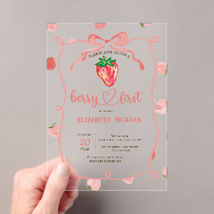 Glitter Strawberry Frame Pink Plaid Baby Shower Acrylic Invitations