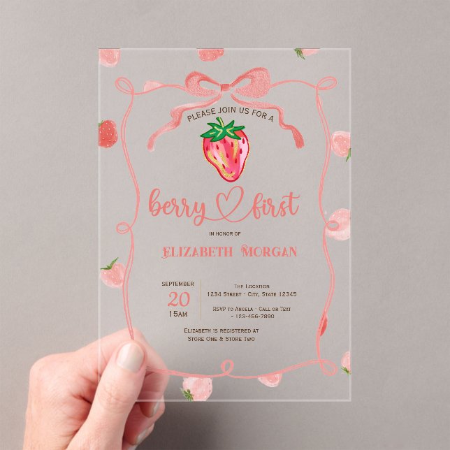 Glitter Strawberry Frame Pink Plaid Baby Shower  Acrylic Invitations (Insitu (Handheld))