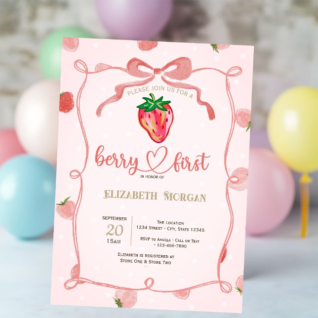 Glitter Strawberry Frame Pink Plaid Baby Shower  Invitation (Creator Uploaded)