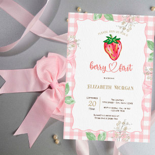 Glitter Strawberry Frame Plaid Baby Shower  Invitation