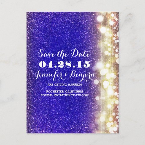 glitter string lights gold and blue save the date announcement postcard