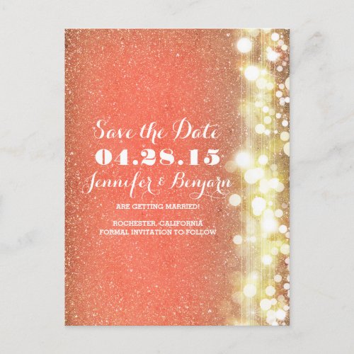 glitter string lights gold and peach save the date announcement postcard