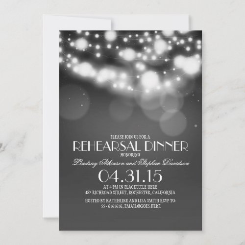 glitter string lights vintage rehearsal dinner invitation