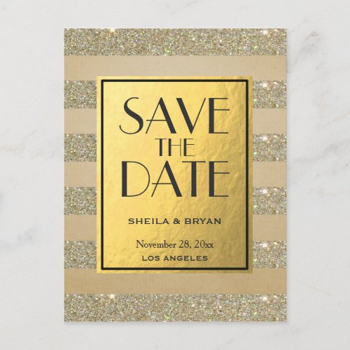 Glitter Stripes Gold Foil Save The Date Post Card