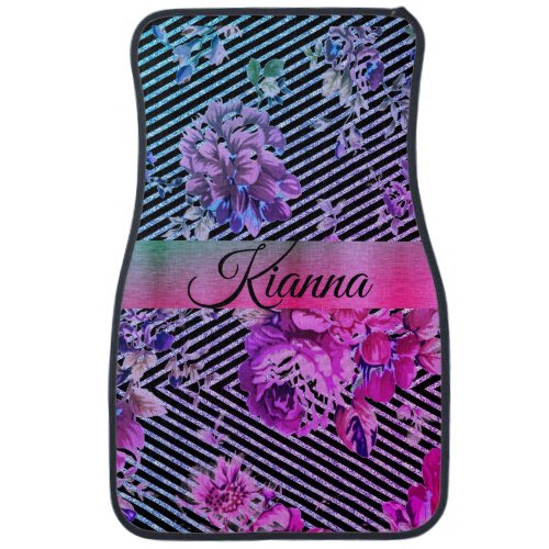 Glitter Stripes Hot Pink and Teal Floral Custom Car Floor Mat