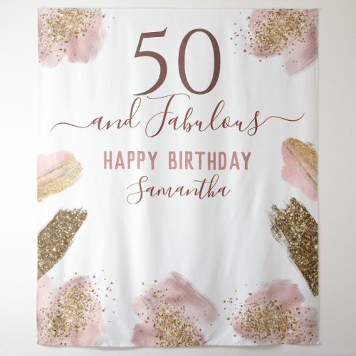 Glitter Strokes Pink Happy 50th Birthday Tapestry