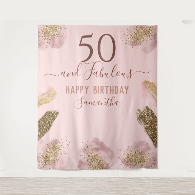 Glitter Strokes Pink Happy 50th Birthday Tapestry (Front)