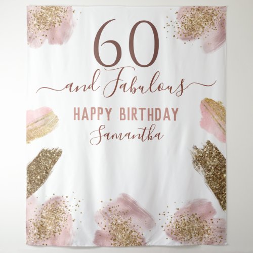 Glitter Strokes Pink Happy 60th Birthday Tapestry