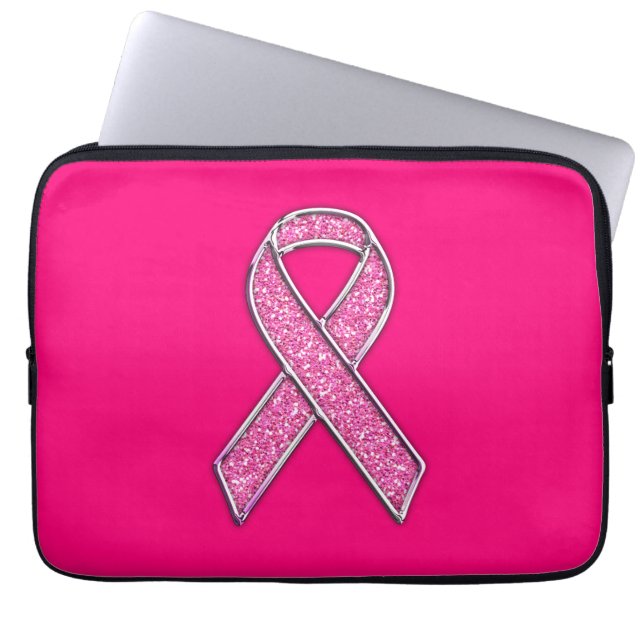 Glitter Style Pink Ribbon Awareness Fuchsia Laptop Sleeve (Front)