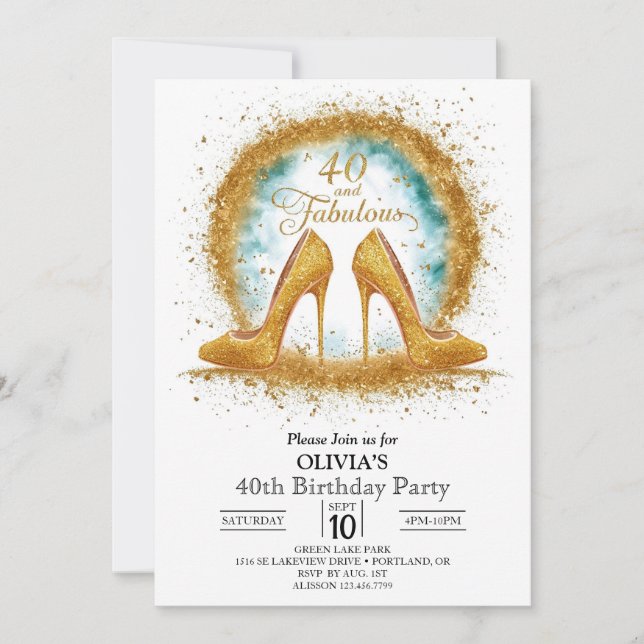 Glitter Stylish Digital Gold 40th Birthday Invitation (Front)