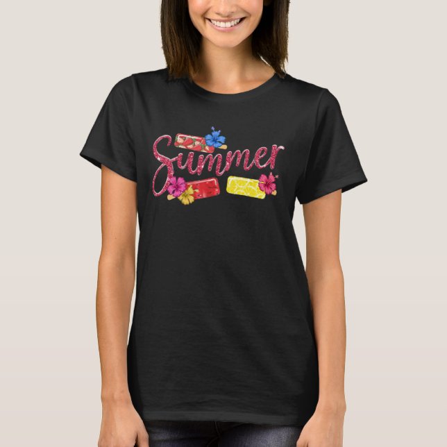 Glitter Summer Ice Pops & Hibiscus Design T-Shirt (Front)