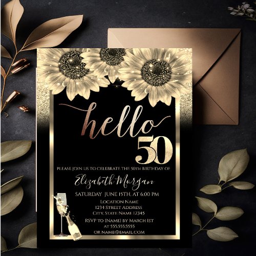 GlitterSunflowersGlass Black 50th Birthday Party Invitation
