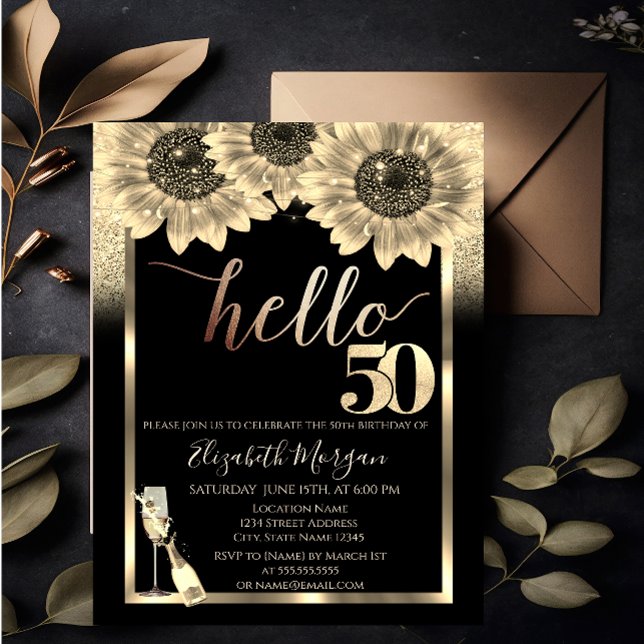 Glitter,Sunflowers,Glass Black 50th Birthday Party Invitation (Creator Uploaded)