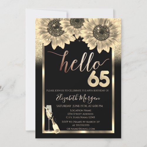 GlitterSunflowersGlass Black 65th Birthday Party Invitation