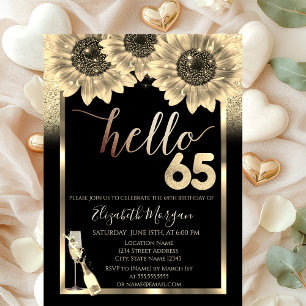 Glitter,Sunflowers,Glass Black 65th Birthday Party Invitation