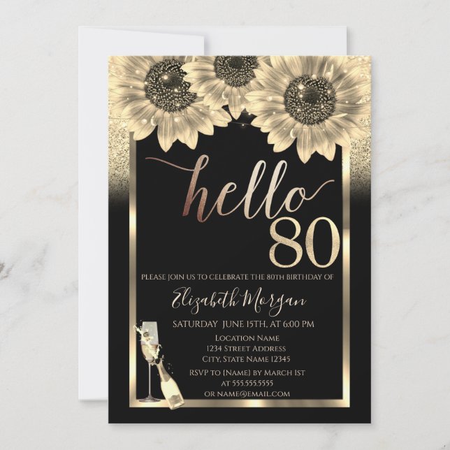 Glitter,Sunflowers,Glass Black 80th Birthday Party Invitation (Front)