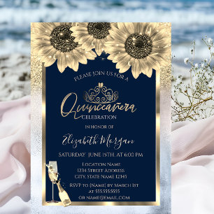 Glitter,Sunflowers, Tiara Mettalic Quinceanera Invitation