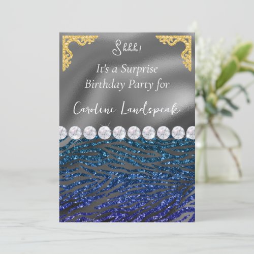 Glitter Surprise Birthday Blue Violet Zebra Print Invitation