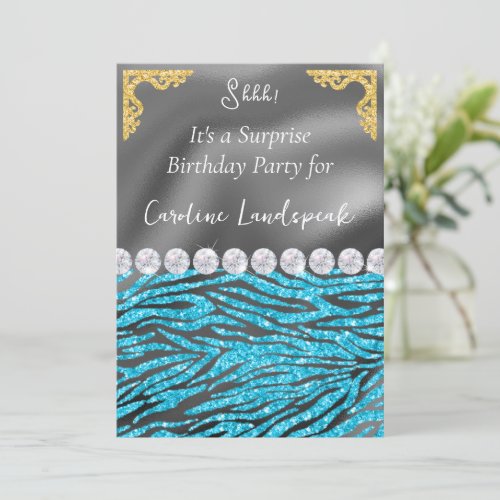Glitter Surprise Birthday Light Blue Zebra Print Invitation