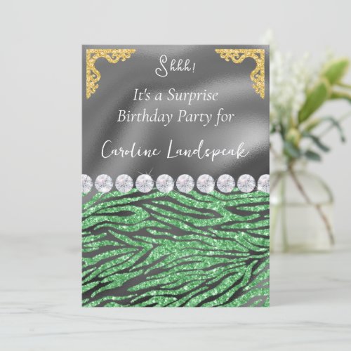 Glitter Surprise Birthday Party Green Zebra Print Invitation
