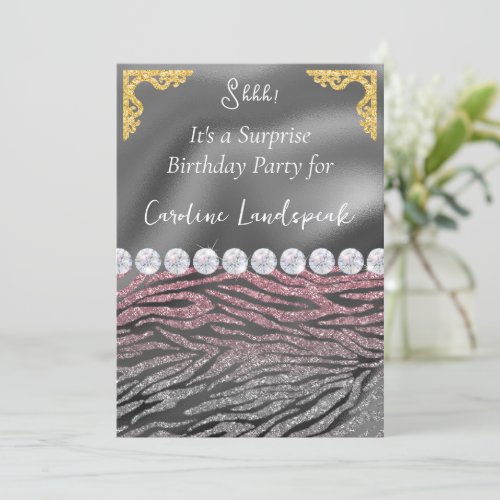 Glitter Surprise Birthday Pink Silver Zebra Print Invitation
