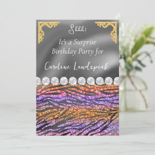 Glitter Surprise Birthday Purple Orange Zebra Invitation
