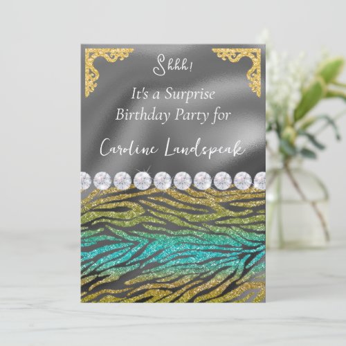 Glitter Surprise Birthday Safari Green Zebra Print Invitation