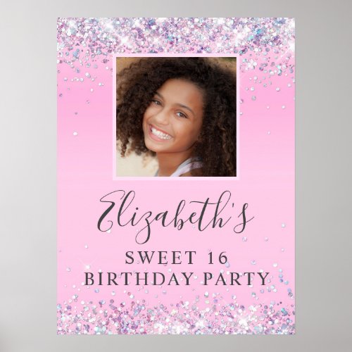 Glitter Sweet 16 Birthday Party Pink Poster
