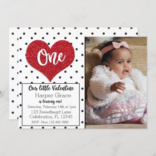 Glitter Sweetheart Valentines Photo First Birthday Invitation