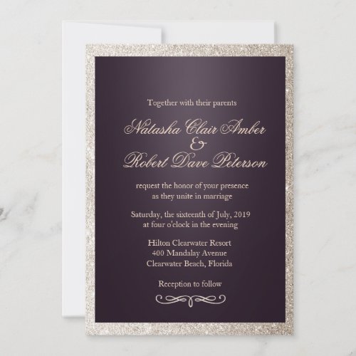 Glitter Taupe Beige Purple Modern Chic Wedding Invitation