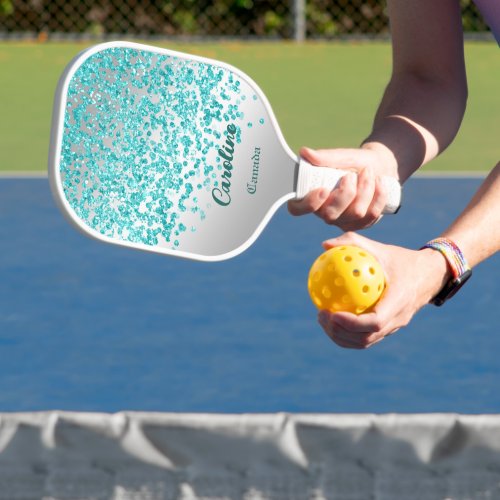 Glitter Teal Blue and Silver Monogram Pickleball Paddle