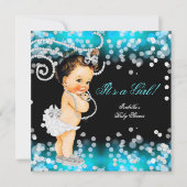 Glitter Teal Blue Black Girl Baby Shower Brunette Invitation (Front)