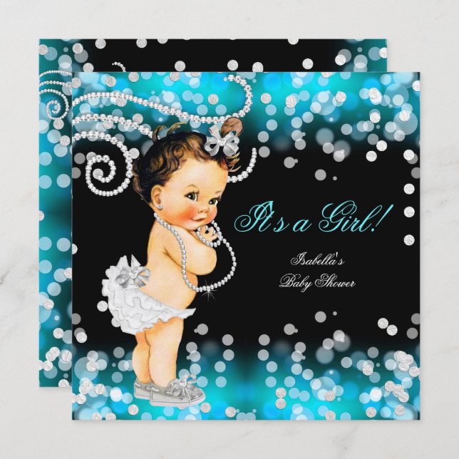 Glitter Teal Blue Black Girl Baby Shower Brunette Invitation (Front/Back)