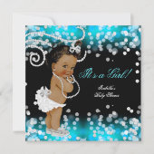 Glitter Teal Blue Black Girl Baby Shower Ethnic Invitation (Front)