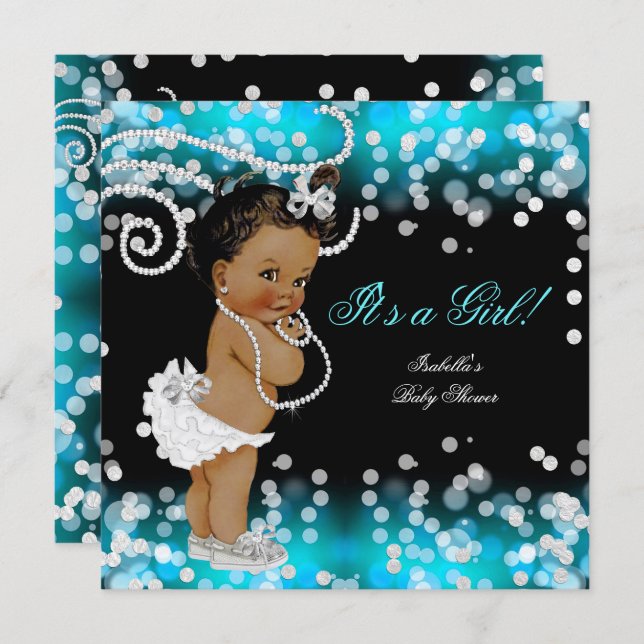 Glitter Teal Blue Black Girl Baby Shower Ethnic Invitation (Front/Back)