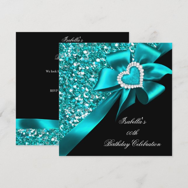 Glitter Teal Blue Heart Bow Black Birthday Party Invitation (Front/Back)