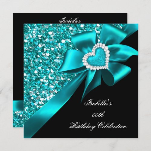 Glitter Teal Blue Heart Bow Black Birthday Party Invitation