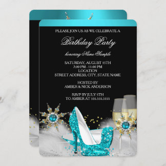 Glitter Teal Blue High Heel Black Gold Champagne Invitation