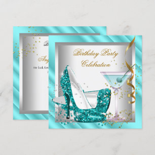 Glitter Teal Blue High Heel Shoes Gold Birthday 2 Invitation