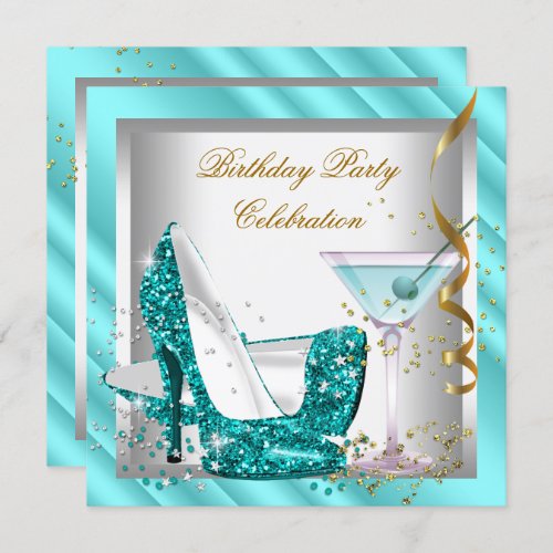 Glitter Teal Blue High Heel Shoes Gold Birthday 2 Invitation