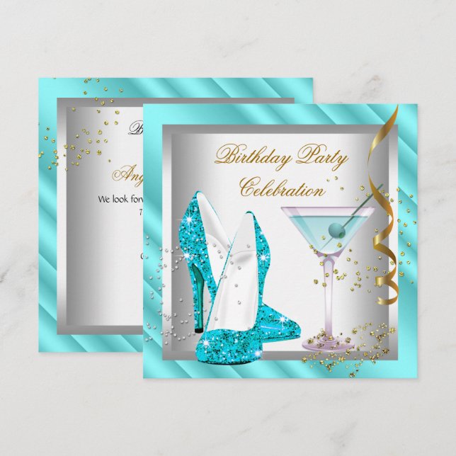 Glitter Teal Blue High Heel Shoes Gold Birthday Invitation (Front/Back)