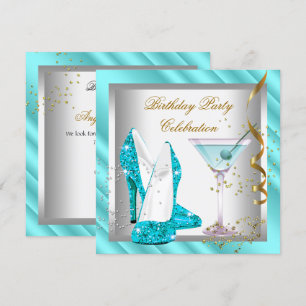 Glitter Teal Blue High Heel Shoes Gold Birthday Invitation