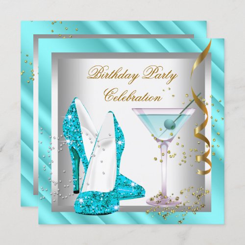 Glitter Teal Blue High Heel Shoes Gold Birthday Invitation