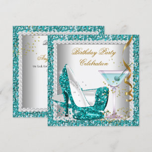 Glitter Teal Blue High Heel Shoes Gold Martini 2 Invitation