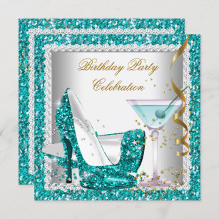 Glitter Teal Blue High Heel Shoes Gold Martini 2 Invitation