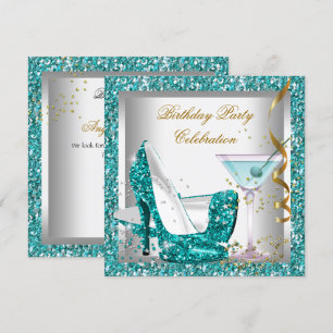 Glitter Teal Blue High Heel Shoes Gold Martini Invitation