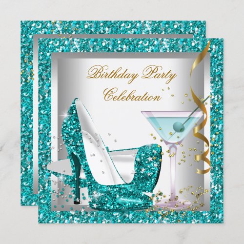 Glitter Teal Blue High Heel Shoes Gold Martini Invitation