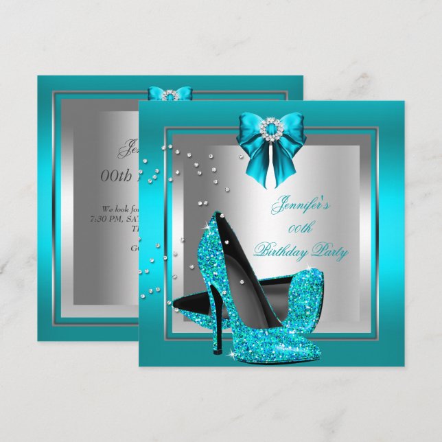 Glitter Teal Blue High Heel Silver Birthday Party Invitation (Front/Back)