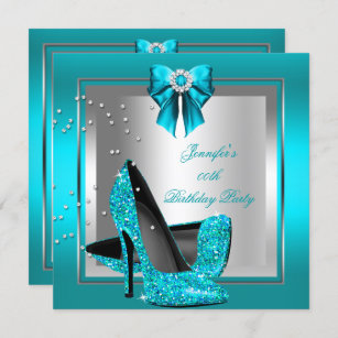 Glitter Teal Blue High Heel Silver Birthday Party Invitation